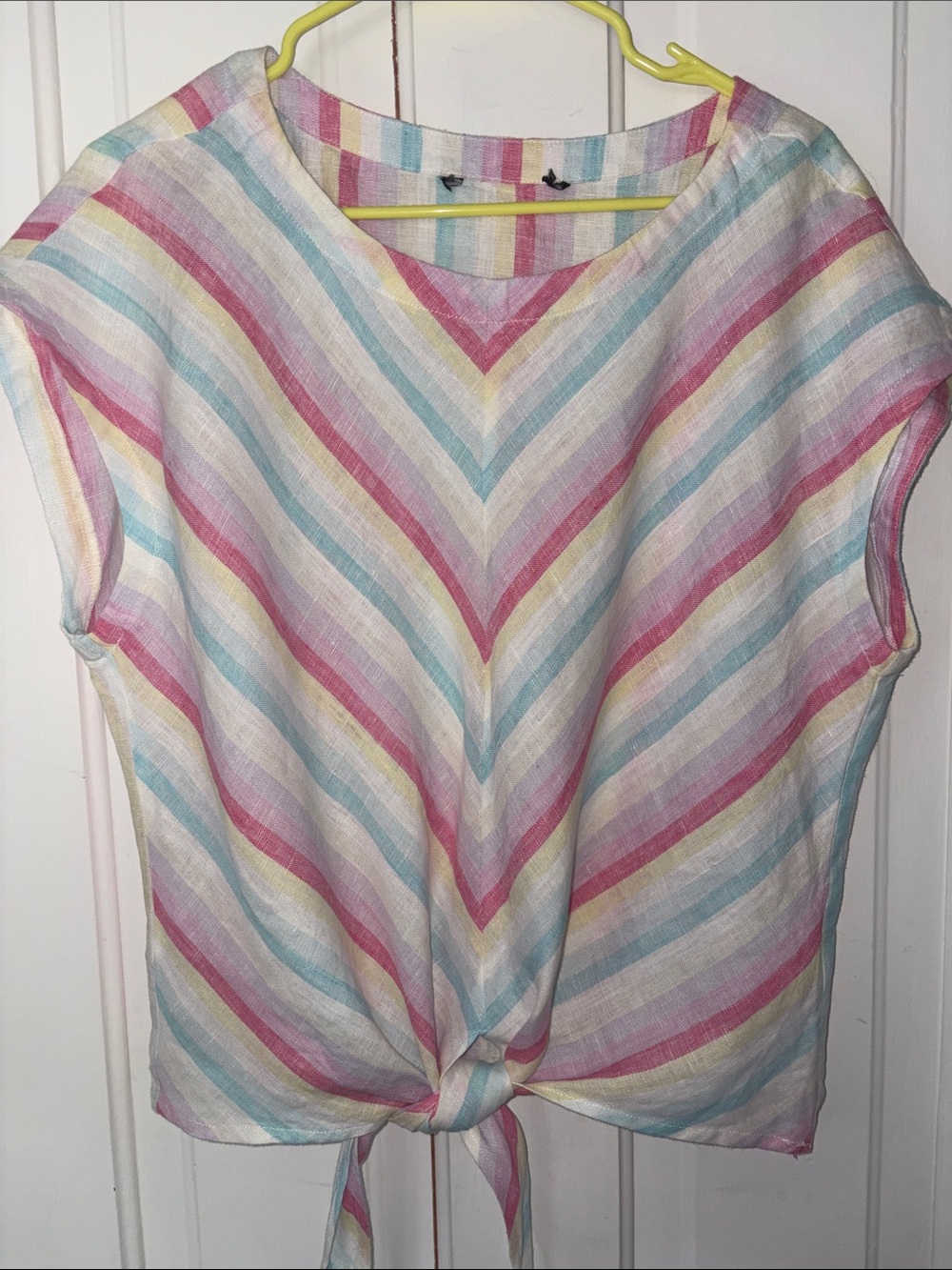 Charlie B Striped Tie-Front Linen Top in Pastel Multi Color.